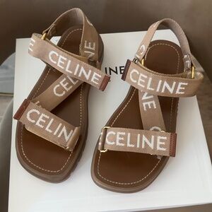 ❌SOLD ❌ CELINE LEO STRAPPY SANDAL IN WOOL WITH "CELINE" JACQUARD